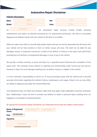 Automotive Repair Disclaimer Template - Sign Templates