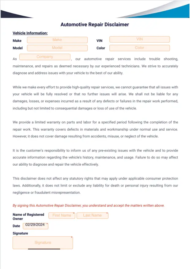 Auto Disclaimer Examples Automotive Repair Disclaimer Template - PDF Templates | Jotform