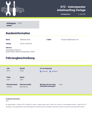 Autoreparatur-Arbeitsauftrag PDF-Vorlage