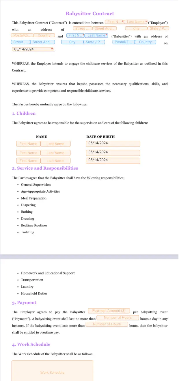 Babysitter Contract PDF Template Jotform