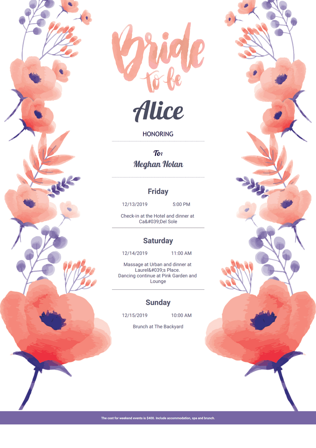 Bachelorette Itinerary Template PDF Templates Jotform