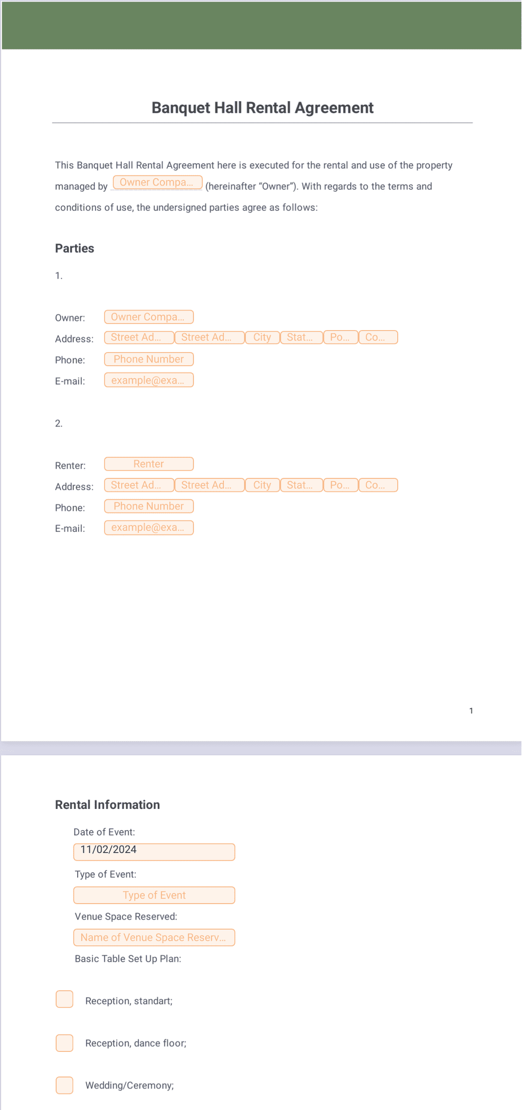 Banquet Hall Rental Agreement PDF Template | Jotform
