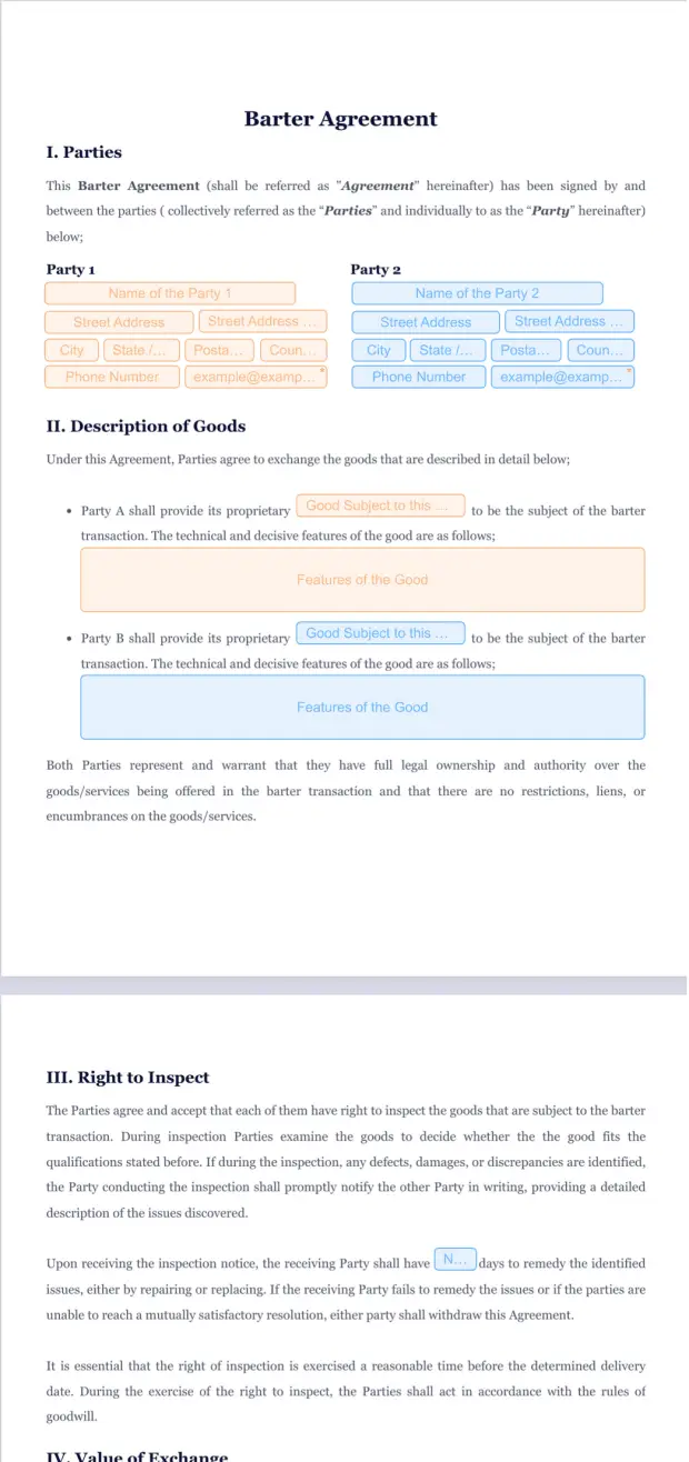 Barter Agreement PDF Template Jotform