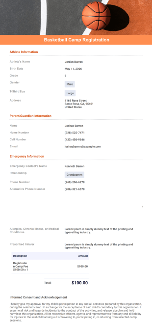 Basketball Camp Registration Template - PDF Templates