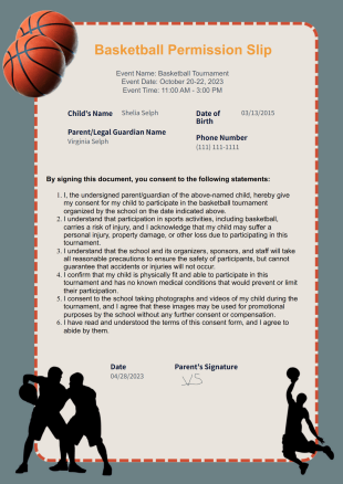 Basketball Permission Slip Template - PDF Templates