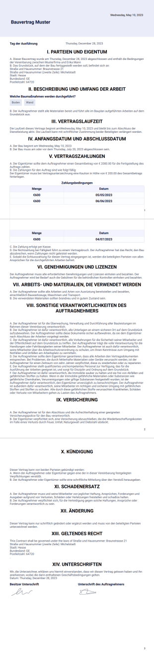 Bauvertrag Muster - PDF Templates