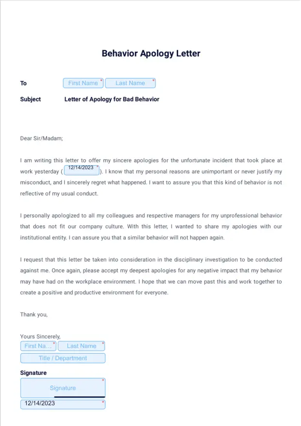 Behavior Apology Letter