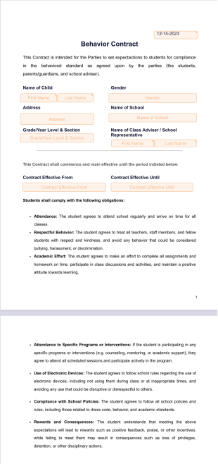 Behavior Contract Template - PDF Templates
