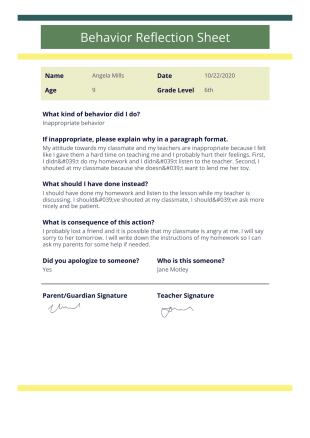 Behavior Reflection Sheet PDF Template