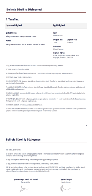 Belirsiz Süreli İş Sözleşmesi PDF Şablonu
