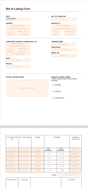 Bill of Lading Form PDF Template