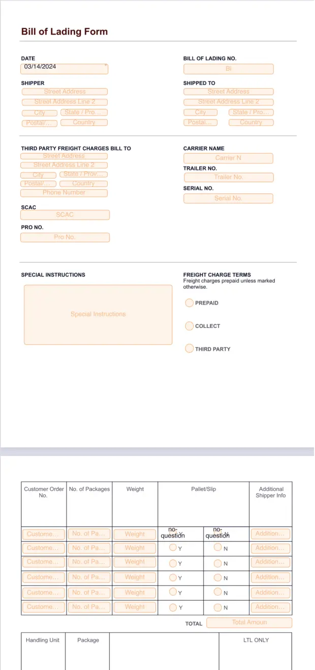 Bill of Lading Form