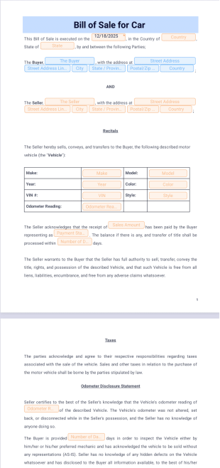 Bill of Sale for Car PDF Template