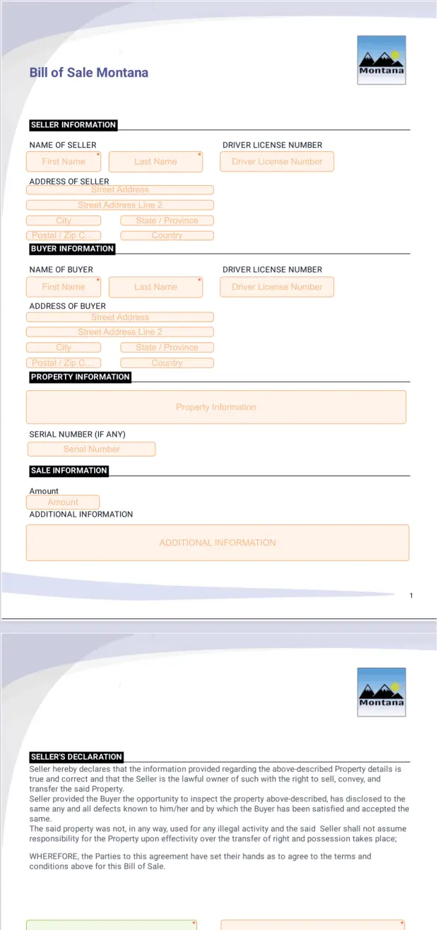 Bill of Sale Montana