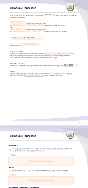 Bill of Sale Tennessee PDF Template