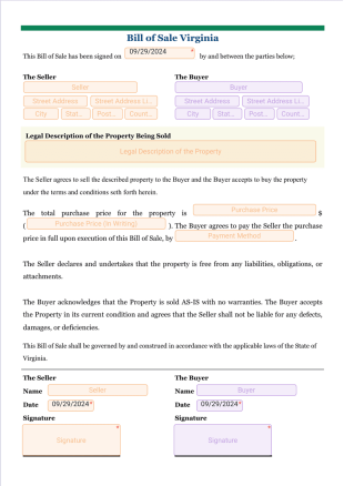 Bill of Sale Virginia PDF Template