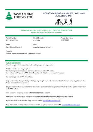Mt BikingRunningWalking Access Permit PDF Template