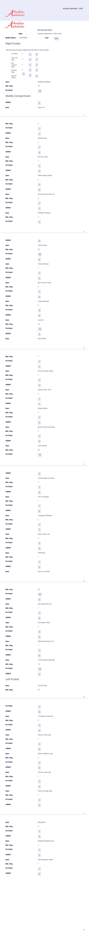 BLS Bag Checkoff Sheet Report PDF Template