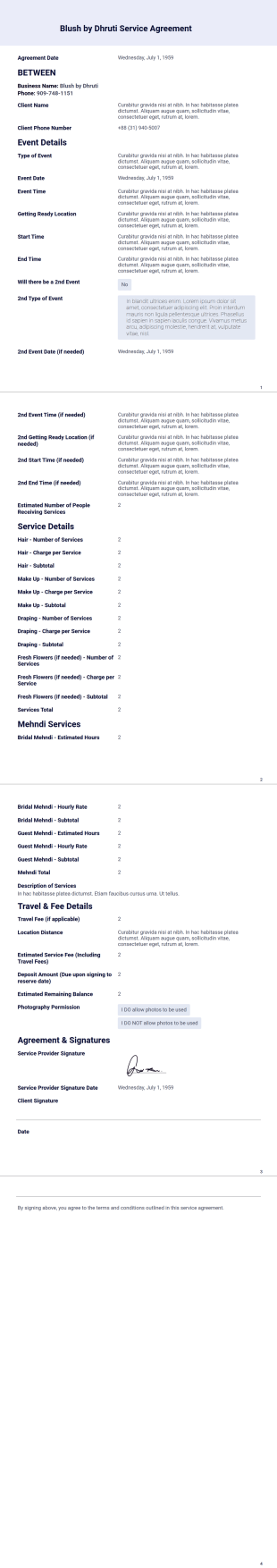 Blush by Dhruti Service Agreement PDF Template