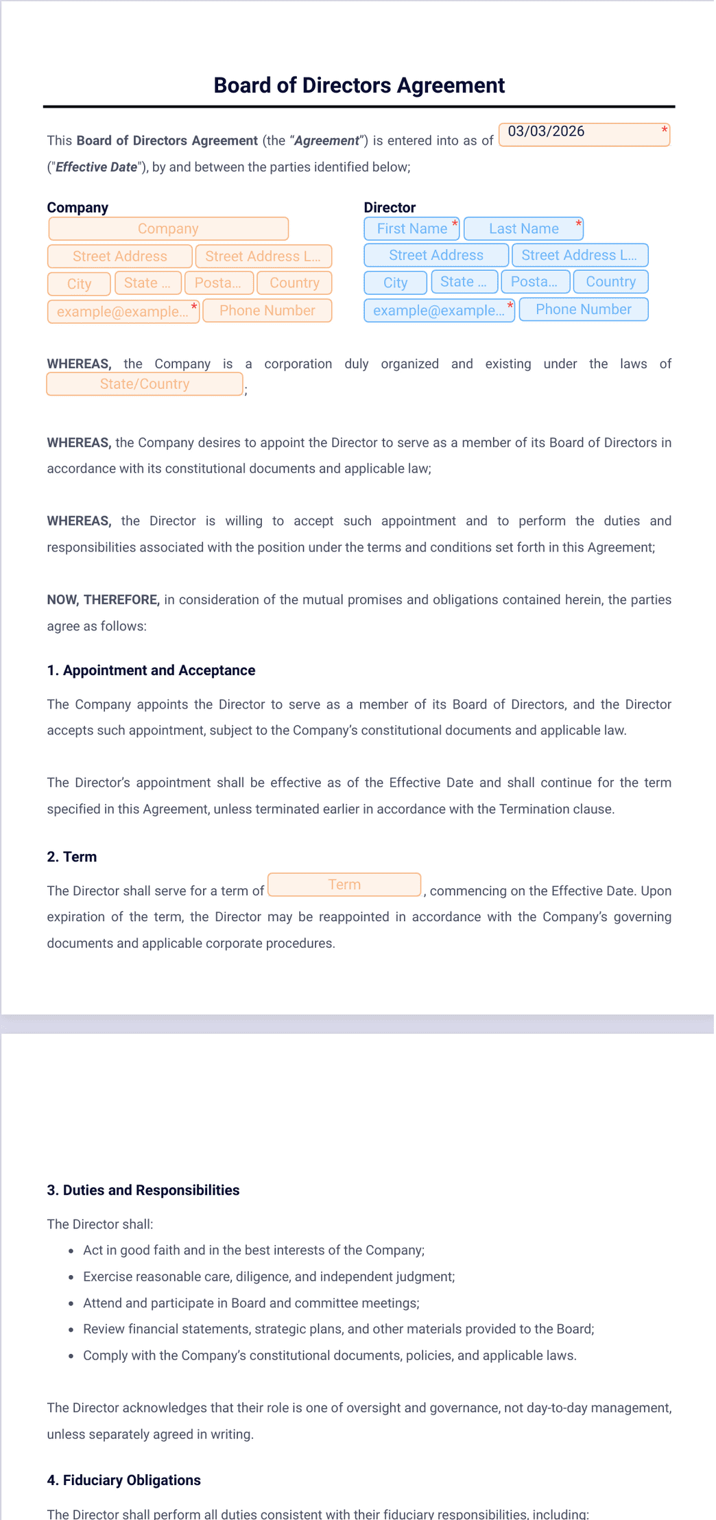 Board of Directors Agreement Template - PDF Templates | Jotform