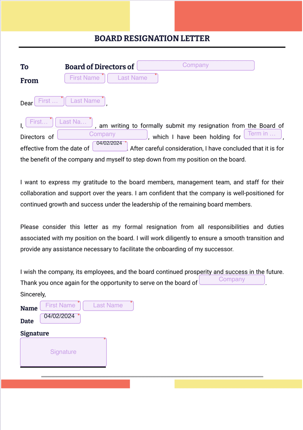 Board Of Directors Resignation Letter Template Director Resignation