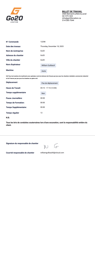 Billet de travail Modèle PDF