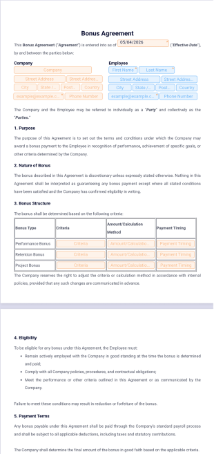Bonus Agreement Template - PDF Templates