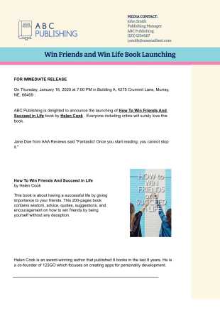 Book Press Release Template - PDF Templates