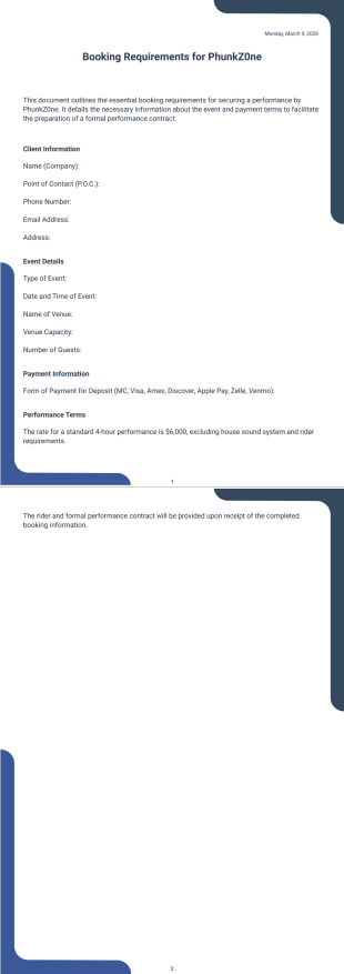 Booking PZ to perform at private event PDF Template