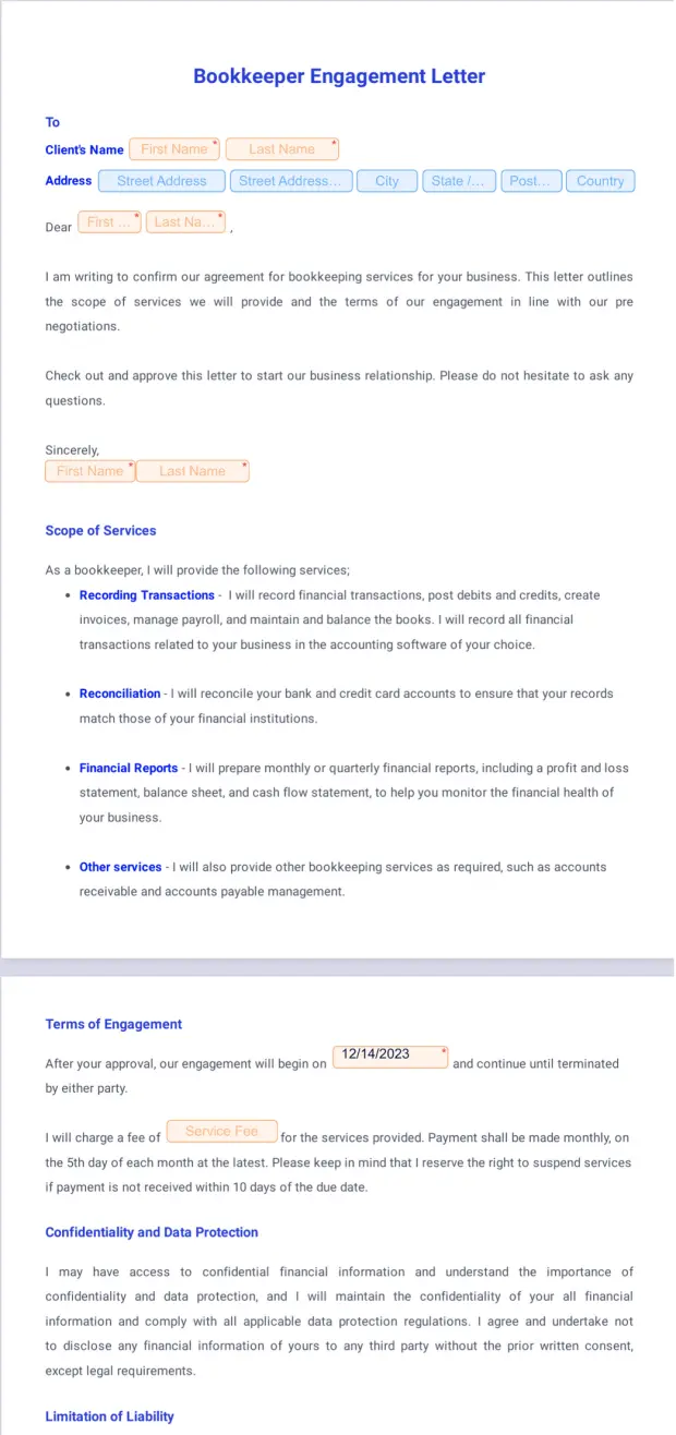 Bookkeeper Engagement Letter