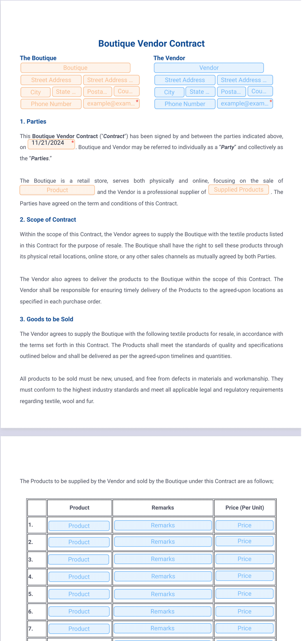 Boutique Vendor Contract Template - PDF Templates | Jotform
