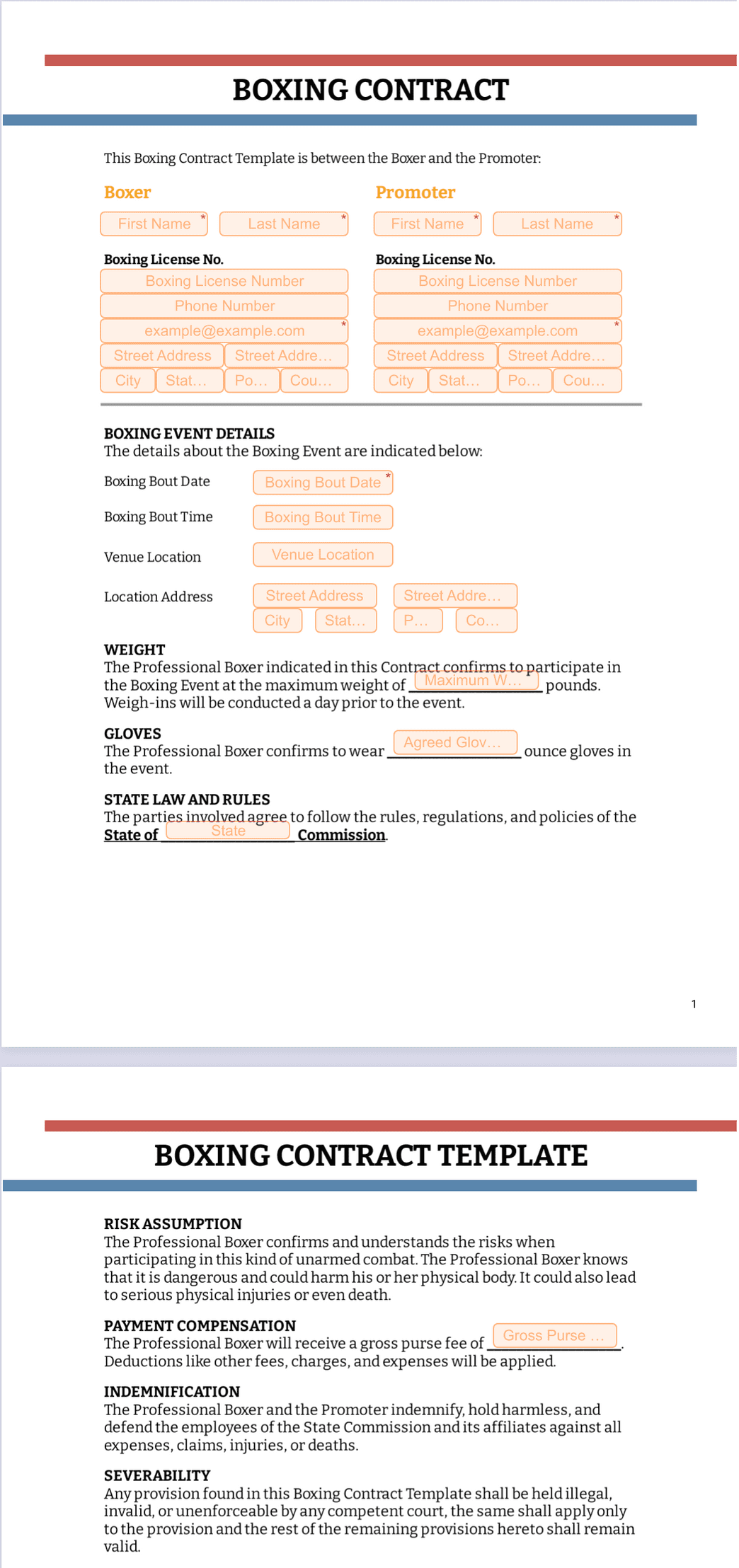 Boxing Contract Template - PDF Templates | Jotform
