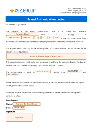 Brand Authorization Letter PDF Template
