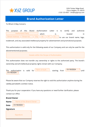 Brand Authorization Letter PDF Template