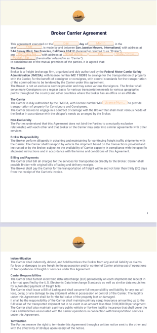 Broker Carrier Agreement PDF Template