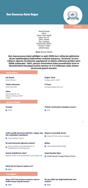 Burs Başvurusu Kabul Belgesi Şablonu - PDF Şablonları