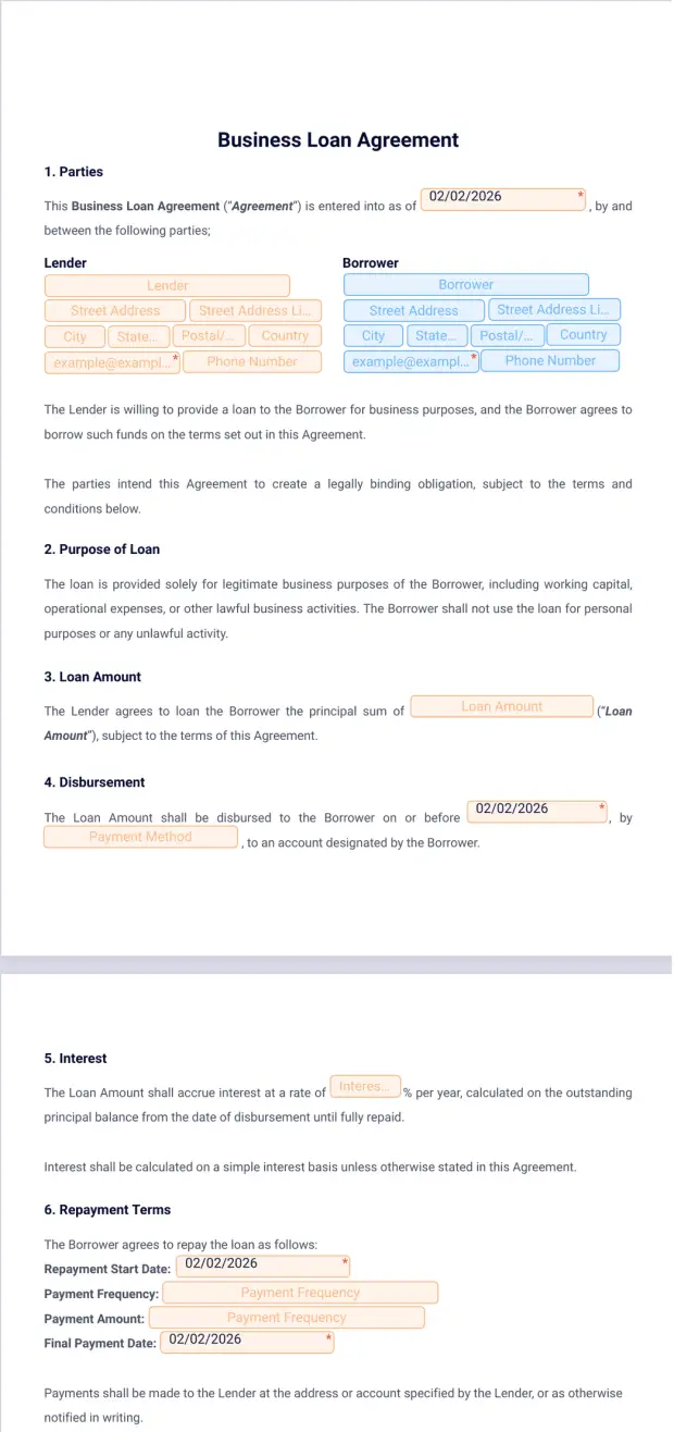 Business Loan Agreement Template PDF Templates Jotform
