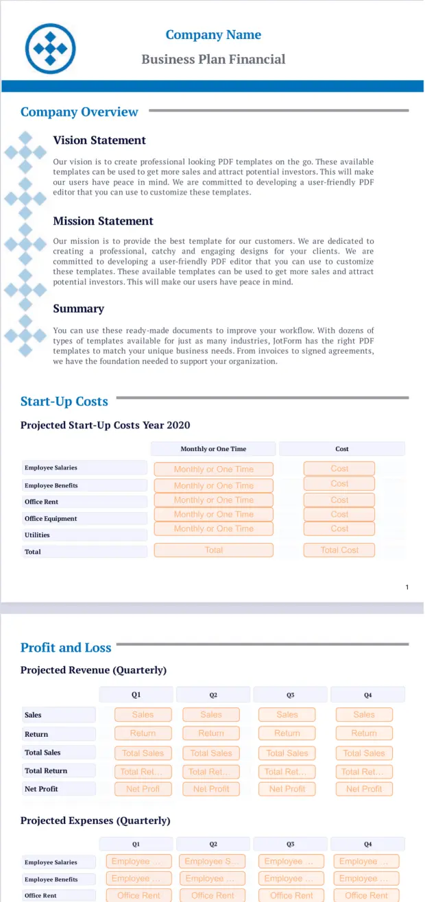 Business Plan Financial Template