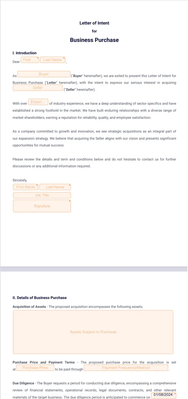 Business Purchase Letter of Intent Template