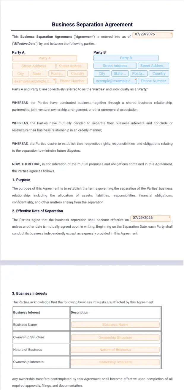 Business Separation Agreement Template