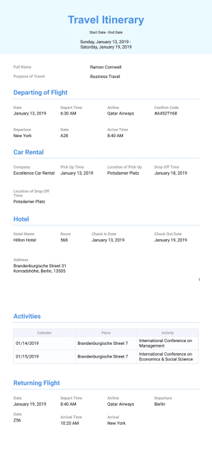 Business Travel Itinerary Template - PDF Templates