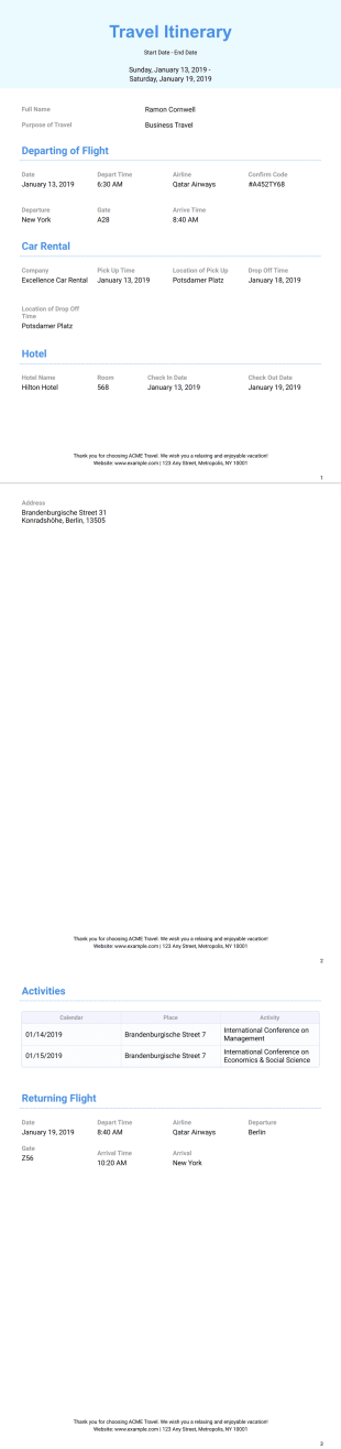 Business Travel Itinerary Template - PDF Templates