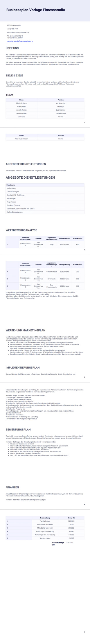 Businessplan Vorlage Fitnessstudio - PDF-Vorlagen