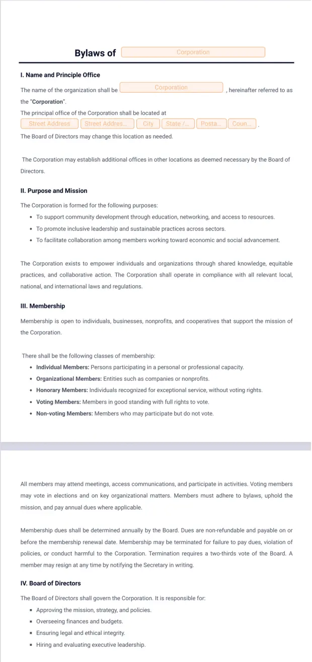 Bylaws Template