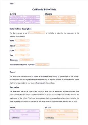 California Bill of Sale - Sign Templates