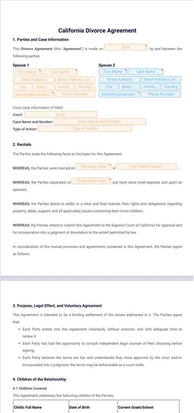 California Divorce Agreement Template