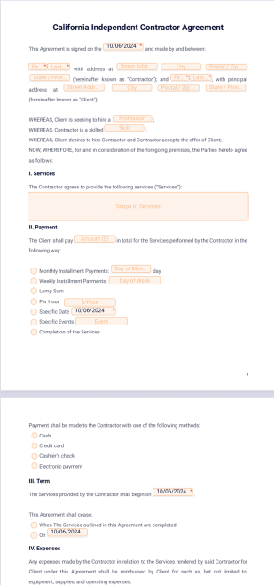 California Independent Contractor Agreement PDF Template