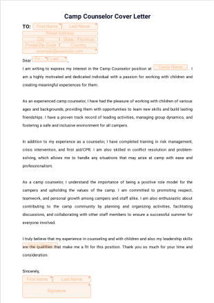 Camp Counselor Cover Letter PDF Template
