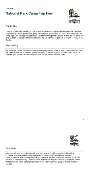 Camp Trip Planning Template - PDF Templates