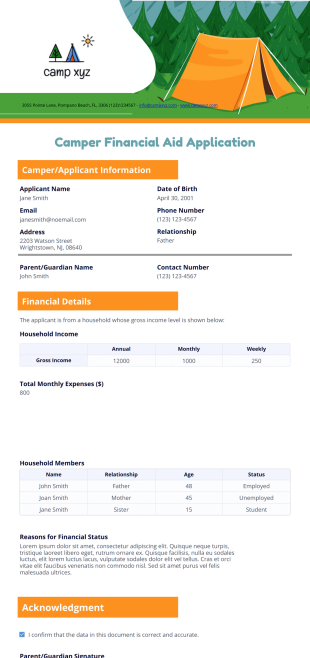Camper Financial Aid Application Template - PDF Templates